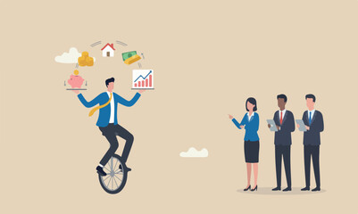Financial advisor,meeting teams together fall expertise concept, smart businessman investor juggling finance asset, real estate, currency, gold, saving and stock market graph riding unicycle one wheel © kadir