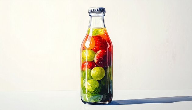 Colorful fruit infused water bottle on white background.