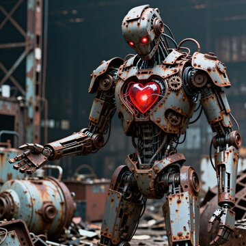 Rusted robot with glowing heart core stands in junkyard. Ancient automaton with metallic body has exposed wires and gears. Android displays emotion, offering hand in abandoned industrial setting.