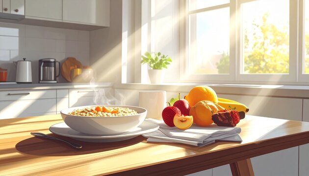 Fresh fruit tart on wooden table with natural light.