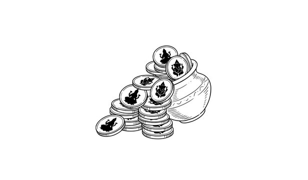 Clay pot with lakshmi and ganesha gold coins stack line art vector illustration for dhanteras and lakshmi puja