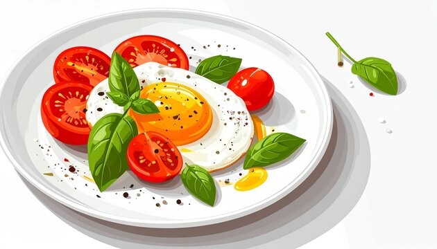 Fresh sunny side up egg with tomatoes and basil on white plate.