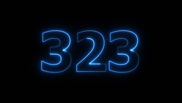 Glowing Blue Neon Number 323 on Black Background.