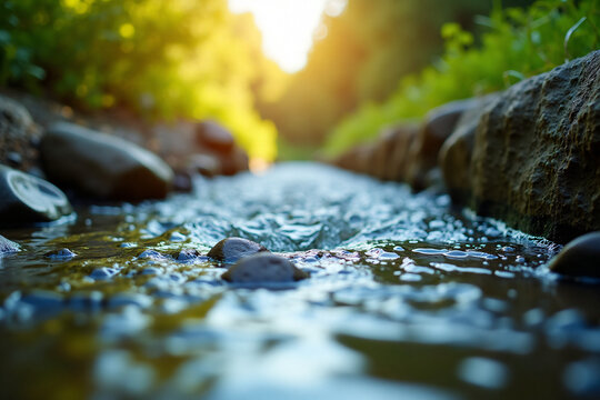 Close up of flowing water over rocks in a small stream with vibrant green foliage and bright sunlight in background creating peaceful nature scene