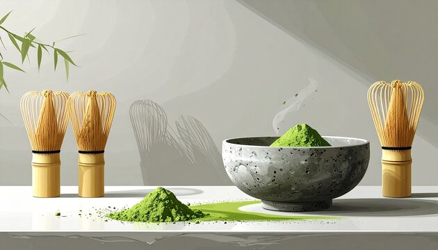 Traditional Matcha Tea Preparation with Bamboo Whisks and Powder.