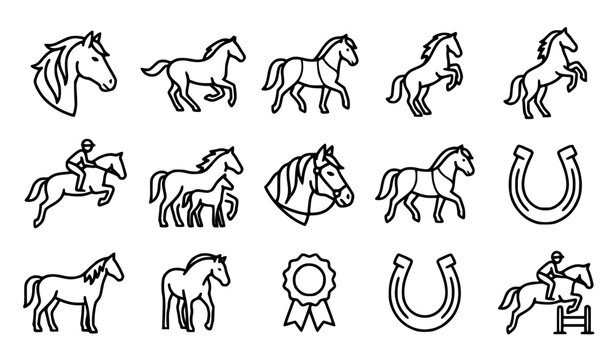 Generic majestic horses and ponies vector icon set with simple bold line art classic complete unbranded horse head stallion pony equestrian clip art black and white