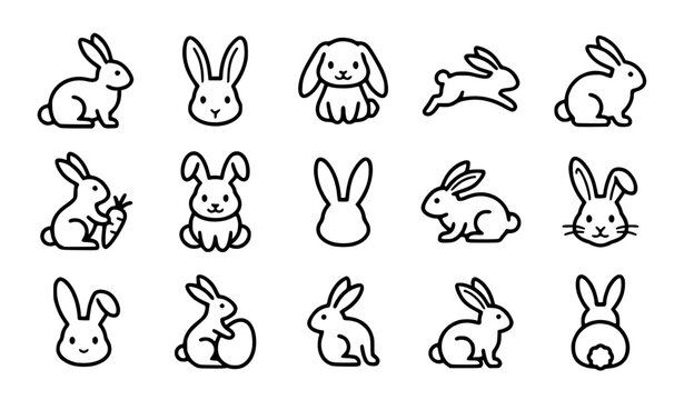 Generic fluffy rabbits and bunnies vector icon set with simple bold line art classic complete unbranded rabbit bunny Easter carrot cute animal clip art black and white