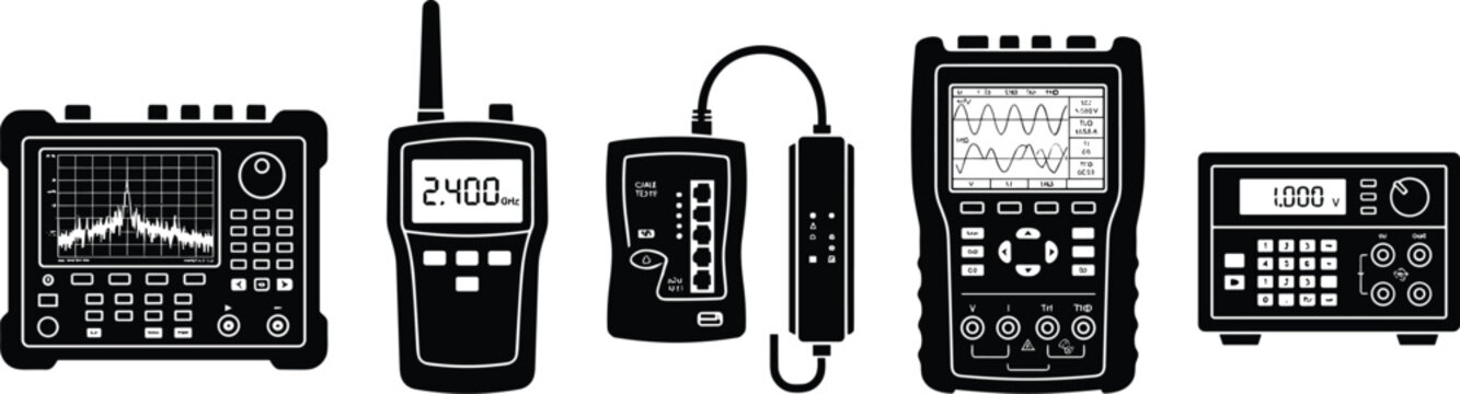 Professional solid black vector silhouette set of electrical test and measurement instruments