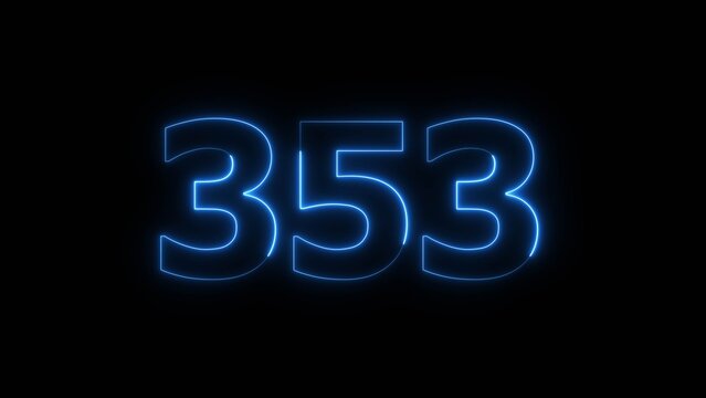 Glowing Blue Neon Number 353 on Black Background.