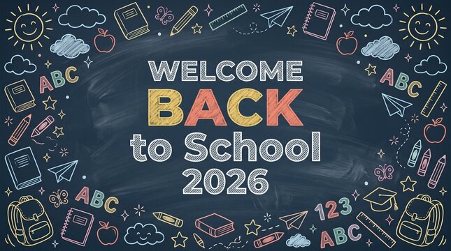 Welcome Back to School 2026 Text on Chalkboard with Colorful Hand Drawn Educational Icons, Classroom Background, Education Banner.