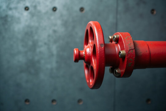 Close-up detailed view of a red industrial valve with metallic bolts mounted on a textured blue-gray steel wall background in engineering environment