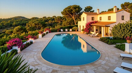 Obraz premium Luxurious villa features private swimming pool, blooming garden at golden hour. Mediterranean house exterior stone patio with sun loungers near green forest landscape. Warm sunset sunlight creates