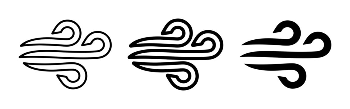 Three stylized wind icons, representing gusting breeze and air movement, simple black and white vector graphics for weather and nature themes.