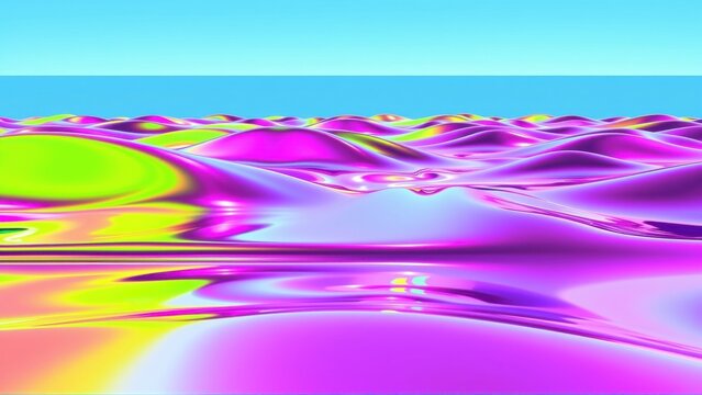 Abstract landscape. Vibrant colors blend, creating wavy forms. Bright blues contrast pinks, greens, oranges. Digital art, smooth textures dominate.