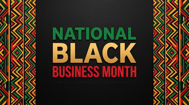 National Black Business Month text on dark textured background with colorful geometric zig zag borders, professional banner design, corporate event header.