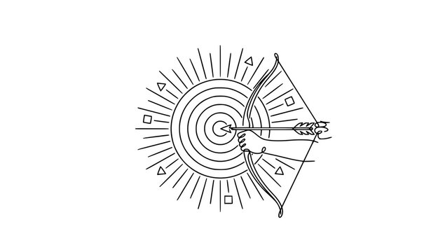 Hand holding bow shooting arrow into target center line art vector illustration for business goal achievement and focus