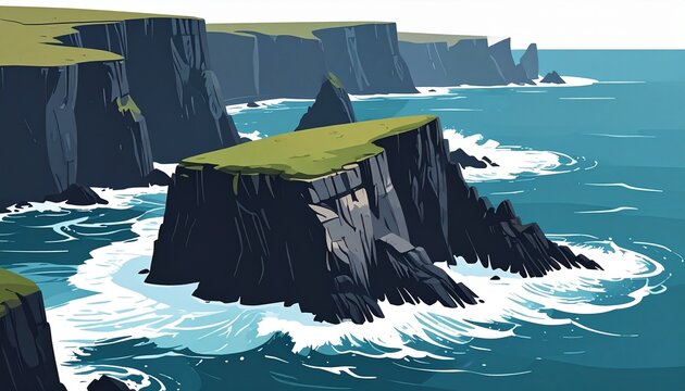 Dramatic Coastal Cliffs with Turquoise Ocean Waves and Green Grass.