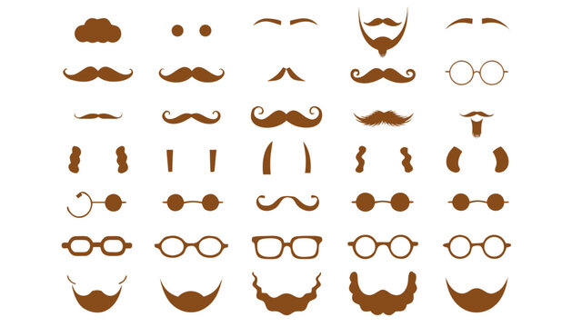 Set of 40 mustache and beard vector icons in various styles. Hand-drawn facial hair illustrations for men's grooming and fashion design.