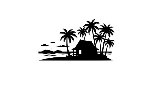 Tropical Island Beach Hut and Palm Trees Black Silhouette