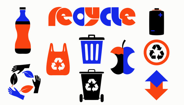 Set of flat recycling icons and symbols for eco-friendly design. Vector line art waste management signs and sustainable living graphics.