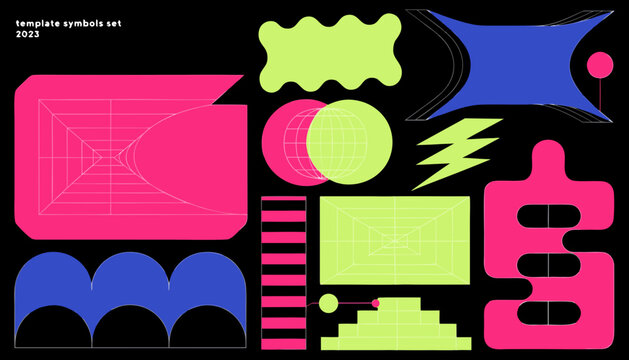 Modern geometric icon set with neon grid and abstract shapes. Vibrant postmodern vector symbols for UI design and digital branding.