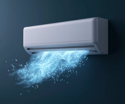 modern white wall-mounted air conditioner with blue airflow carrying tiny glowing clean air particles