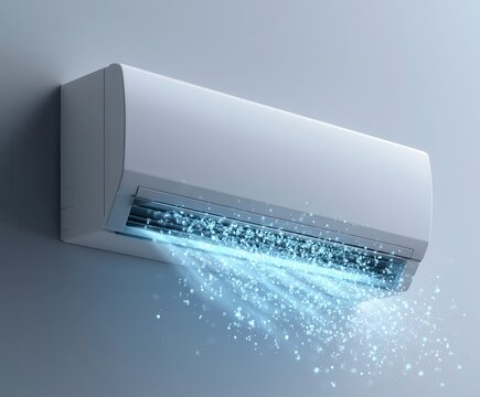 modern white wall-mounted air conditioner with blue airflow carrying tiny glowing clean air particles