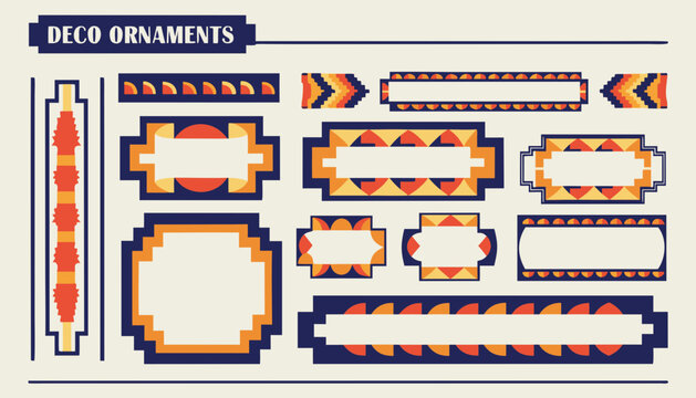 Art Deco decorative borders and frames for elegant design projects. Geometric vintage vector ornaments for luxury branding and invitations.