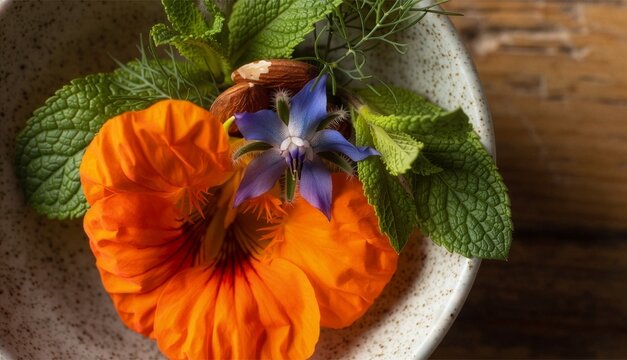 Extreme macro top-down view of a fresh spring salad featuring a bright orange nasturtium, blue borage flower, mint, dill, and toasted almonds in a speckled ceramic bowl on a wooden table.