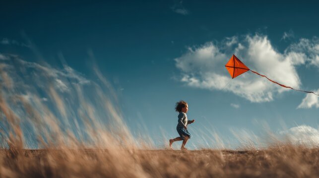 happy child running in grassy field flying a kite, bright sky, natural movement, cinematic yet realistic lighting