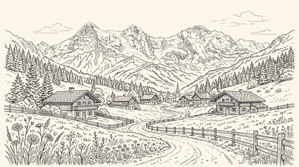 Obraz premium Charming Hand Drawn Illustration of a Picturesque Alpine Village Nestled Amidst Majestic Snow-Capped Mountains and Verdant Valleys