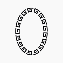 Fototapeta premium Classic oval black Greek key frame on white. Minimalist meander border element for vintage logos, portrait framing, and decorative emblems. Vector illustration