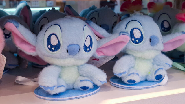 Cute disney stitch mini plush toy figures sitting on retail store shelf displayon May 28, 2026 in Bangkok, Thailand