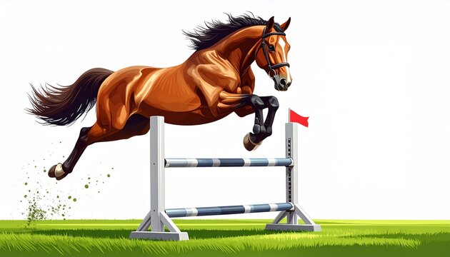 Chestnut horse jumping over obstacle in outdoor arena.