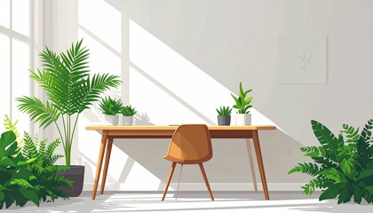 Fototapeta premium Modern wooden dining table with potted plants in bright room.