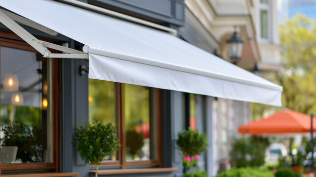 White shop awning stretched over cafe windows outdoors, charming urban storefront design, with copy space