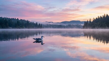 Obraz premium Seagull Flying Over Misty Lake at Sunrise