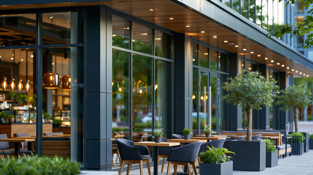Modern cafe exterior with large glass windows showcasing the interior, contemporary urban architecture, outdoor seating area, with copy space