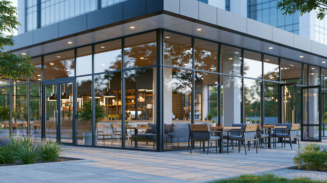 Modern cafe exterior with large glass windows showcasing the interior, contemporary urban architecture, outdoor seating area, with copy space