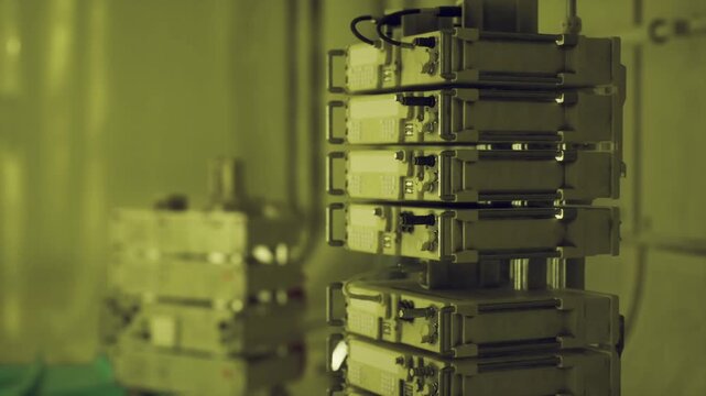 Stacked metal equipment crates on shelf, dim workshop atmosphere with dust, frayed cables draped, worn latches, warm green tint, closeup texture and utilitarian