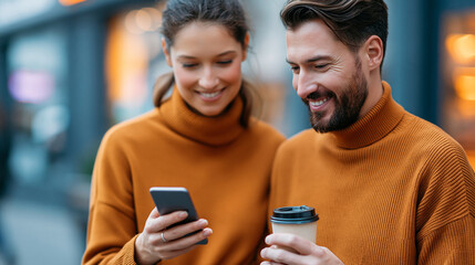 Fototapeta premium Happy couple using a smartphone together while drinking coffee in the city, urban lifestyle and connectivity concept, with copy space