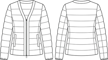Technical fashion of a women's puffer jacket, front and back views in black and white lines © MstShapla