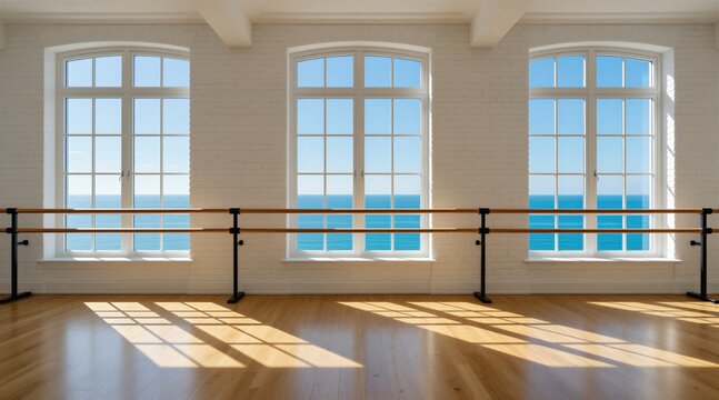 Empty ballet dance studio interior features wooden floor, white brick wall. Three large windows offer scenic view of calm blue ocean water. Modern gym room setup includes horizontal exercise bars for