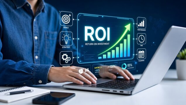 Person working on laptop with return on investment roi performance graph holographic display.