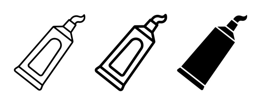 Toothpaste Tube Icons, Dental Hygiene Vector Set, Oral Care Symbols, Medical Cream Containers, Simple Line Art and Solid Fill Styles