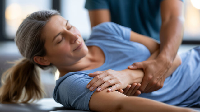 Woman in her late thirties lying on a physical therapy table, a faceless therapist guiding her arm through a gentle range-of-motion exercise, foggy morning light through a clinic