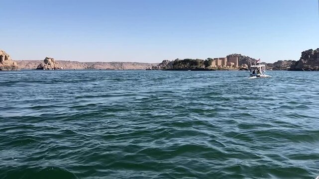 Scenic view of Philae Temple on the island in Aswan, Egypt. Ancient Egyptian architecture