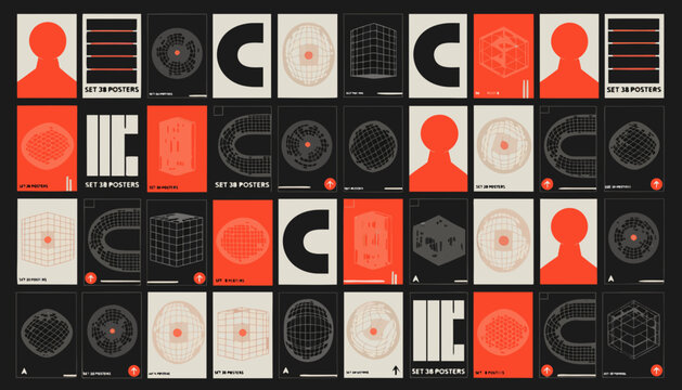 Futuristic retro geometric icon set with 38 minimalist posters. Abstract circular line art designs for tech, science, and corporate branding.