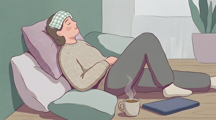 Obraz premium Sick Woman Resting on Floor with Compress on Forehead Hot Tea and Tablet Computer Nearby