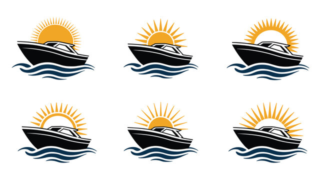 Six stylized sun with rays in yellow and black on white background